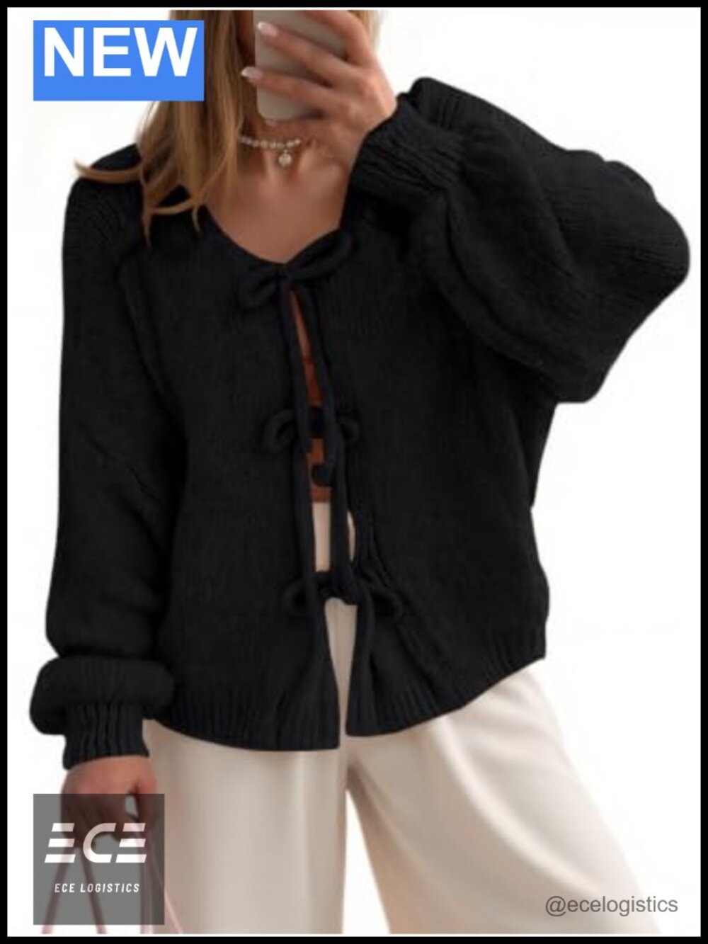 Womens Oversized Bow Tie Front Cardigan Soft Acrylic Sweater Loose Fit